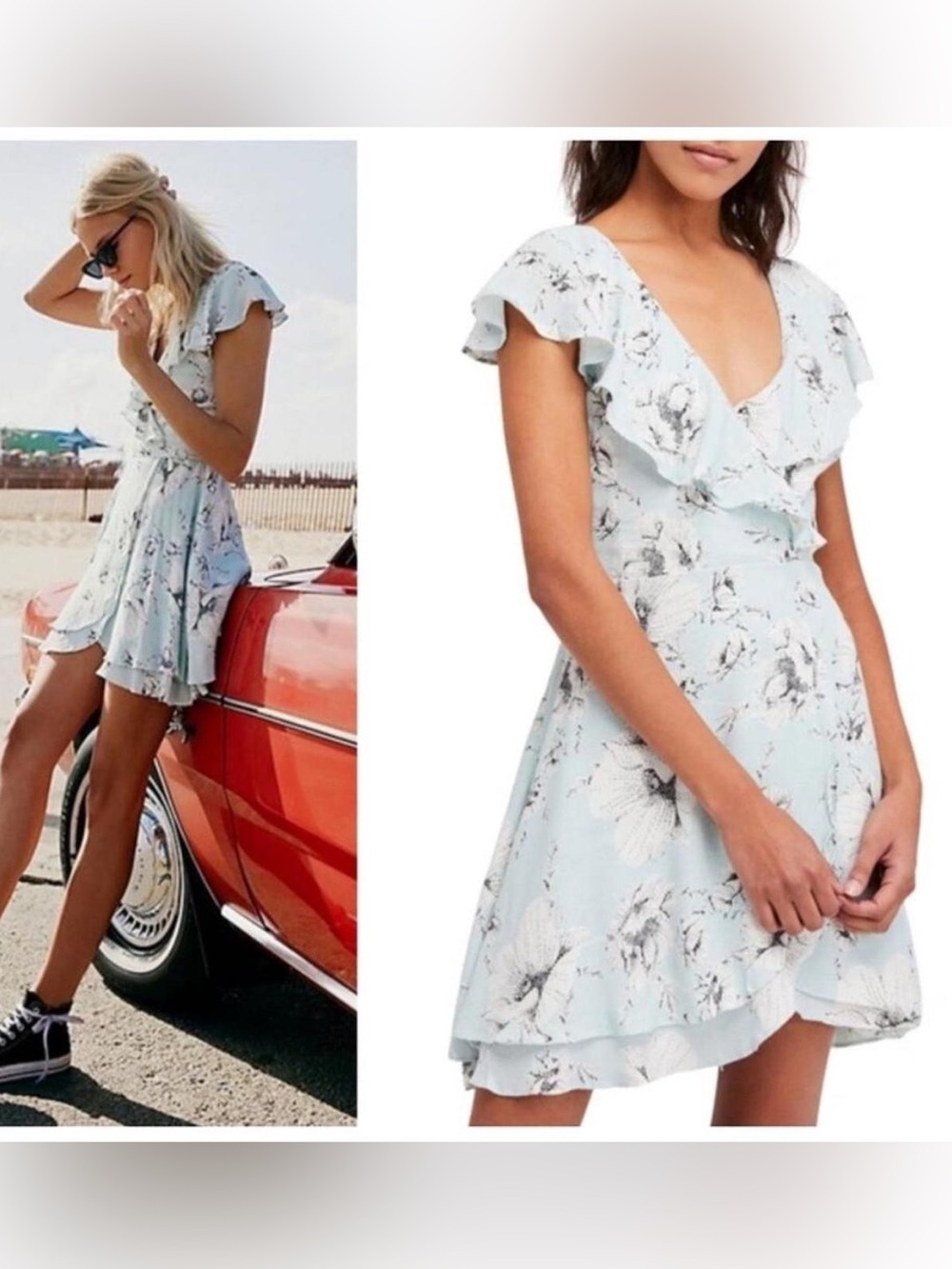 Free People Pale Blue Floral Wrap Dress with Black & White Print Size Small